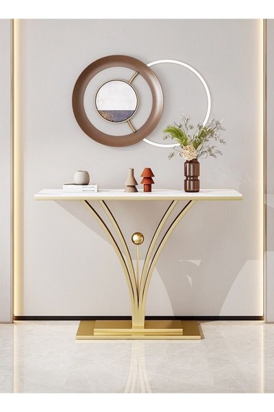 Raffine Modern Design Rock Slab Console Table White Sintered Stone Entryway Table White and Gold Geometric L