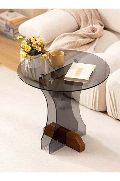 Raffine Multipurpose Use Modern Design Tempered Glass Coffee Table Solid Wood Base Side Table Round Tabletop