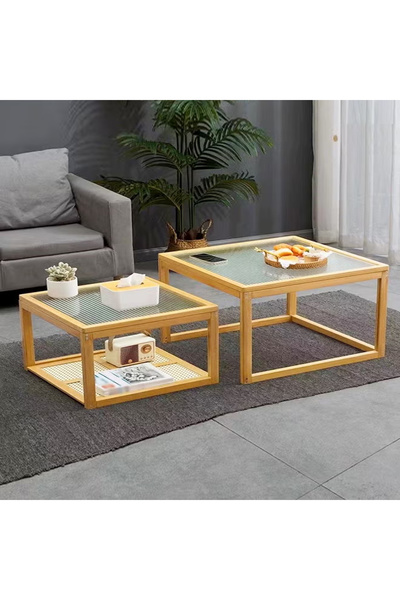 Raffine Set Of 2 Classic Mid Century Design Coffee Bamboo Table with Storage Base Glass Top Serving Table