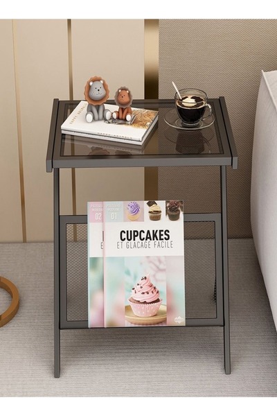 Raffine Multifunction Glass-top Sofa Side Table Accent End Table with Magazine Rack Bedside Nightstand Z Sha