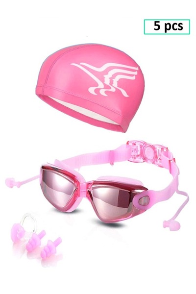 Raffine 5 Pieces Premium Swimming Goggles with Silicone Cap Nose Plugs & Ear Plugs for Men Women and Teenage