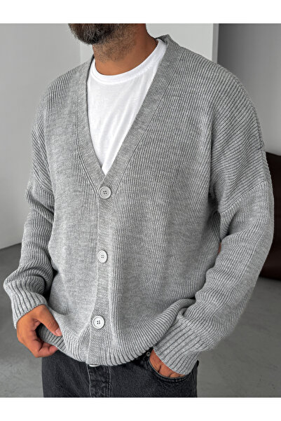 BYBASICMAN Gri Düğmeli Oversize Örme Hırka PM-021