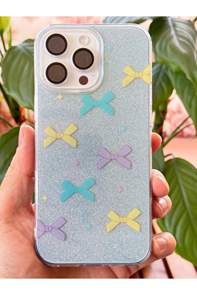 Fibaks Apple iPhone 16 Pro Compatible Case Blue Glitter Color Bow Pattern Shiny Shock Absorbing Cover