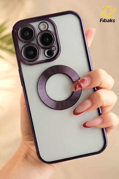 Fibaks İphone 14 Pro Uyumlu Kılıf Kamera Lens Korumalı Logo Gösteren Arkası Şeffaf Parlak Kenarlı Kapak