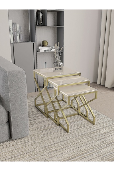 Dekoport Ela 3lü Zigon Sehpa Yan Sehpa Mat Gold Metal, Krem MDF Membran Kaplama Tabla