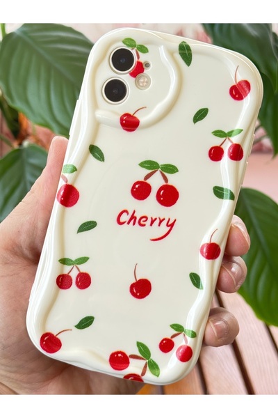Fibaks Apple iphone 11 compatible case camera protected wave edge cherry pattern soft silicone cover