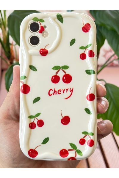 Fibaks Apple iphone 11 compatible case camera protected wave edge cherry pattern soft silicone cover