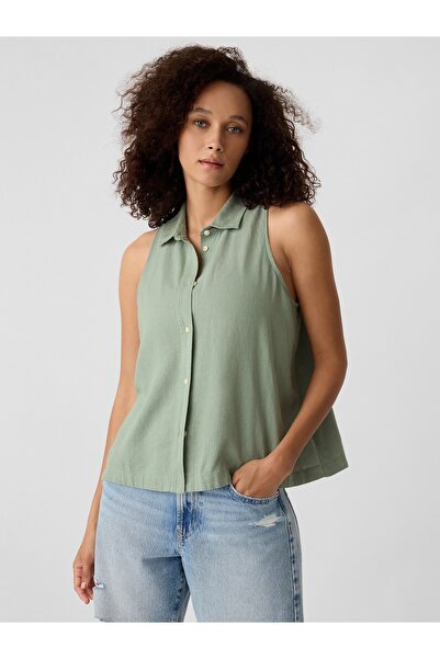 GAP Kadın Yeşil Keten Karışımlı Crop Gömlek
