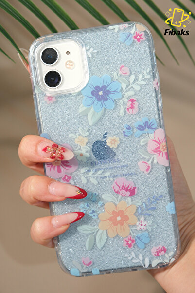 Fibaks Apple iphone 11 compatible case blue glitter flower patterned colorful bright shock absorbing cover