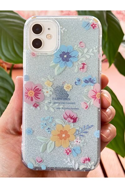 Fibaks Apple iPhone 12/12 Pro Compatible Case Blue Glitter Flower Pattern Colorful Shiny Shock Absorbing Cover