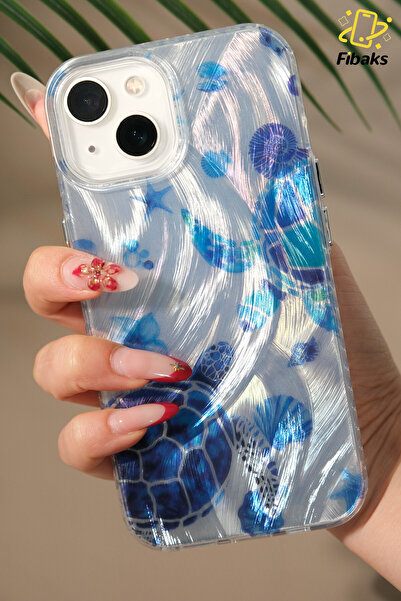 Fibaks iPhone 13/14/15 Kılıf Hologramlı Mavi Caretta Kaplumbağa Desenli Darbe Emici Kamera Korumalı Silikon