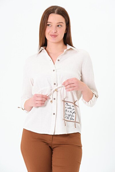Sortie Collection Women's Long Sleeve, Lace-Up from the Chest, Pocketless, Printed, Linen Brown Shirt