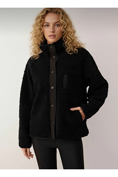 Grenj Fashion Siyah Oversize Peluş Örme Spor Ceket