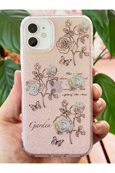 Fibaks Apple iPhone 12/12 Pro Compatible Case Silvery White Rose Pattern Colorful Shiny Shock Absorbing Cover
