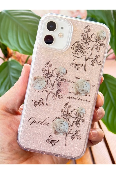 Fibaks Apple iPhone 12/12 Pro Compatible Case Silvery White Rose Pattern Colorful Shiny Shock Absorbing Cover