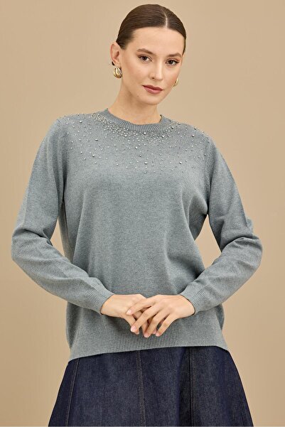 Tığ Triko Boncuk İşlemeli Bluz GRİ MELANJ