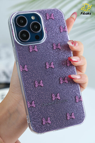 Fibaks Apple iphone 13 pro max compatible case purple glitter bow pattern colorful glossy shock absorbing cover