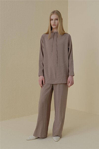 Nihan Dantel Detaylı Pantolon Tunik Modal Takım Vizon