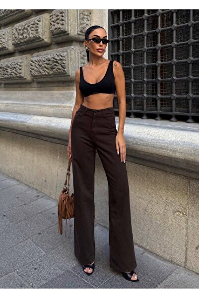 LB Laluna Butik Dámské palazzo kalhoty s vysokým pasem z denimu