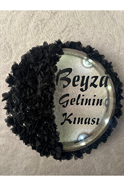 Mortex Siyah LED’li Şeffaf Gelin Tefi 32 cm 3D Çiçek Süslemeli Kına Düğün Ned...