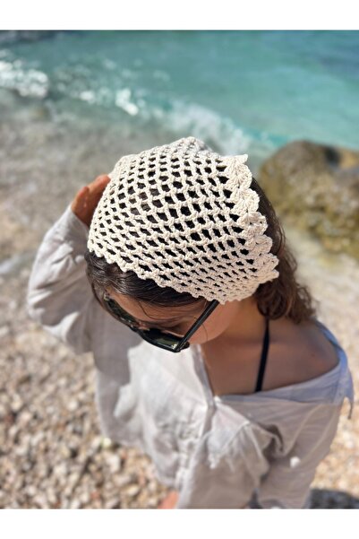 Handmade Krem Renkli File Model Bandana, El Yapımı Örgü Bandana, Yazlık Örgü ...
