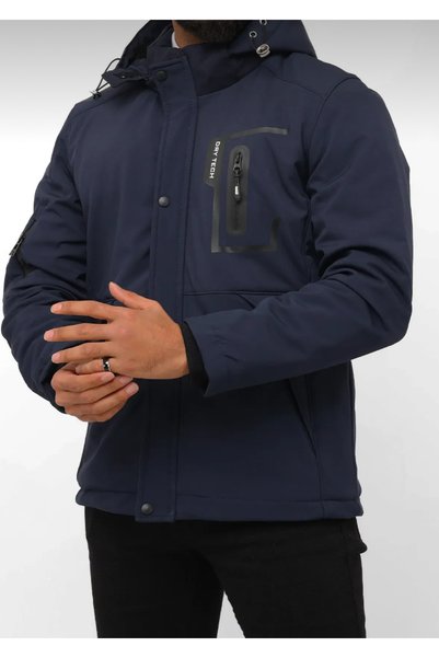 MACSYLEN Men's Navy Blue Water and Windproof Shoftshell Coat with Fur Inside