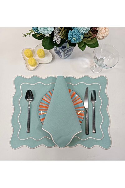 Table Alp Su Yeşili Beyaz Nakışlı Amerikan Servis & Peçete Seti – 6 Kişilik