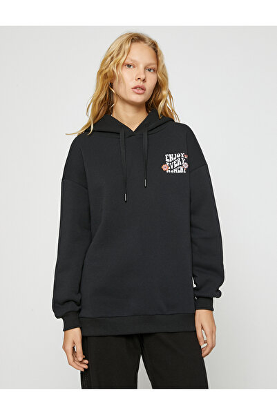 Koton Potištěná oversize mikina s kapucí, dlouhým rukávem a fleecem uvnitř