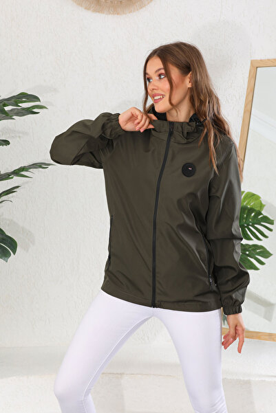 QAWWA Kadın Haki Astarlı Rüzgar Geçirmez Kapüşonlu Cepli Yagmurluk