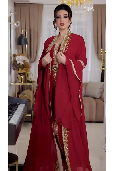 NHMODA Geniş kollu, Altın renk işlemeli,Kemer detaylı,Yöresel kaftan