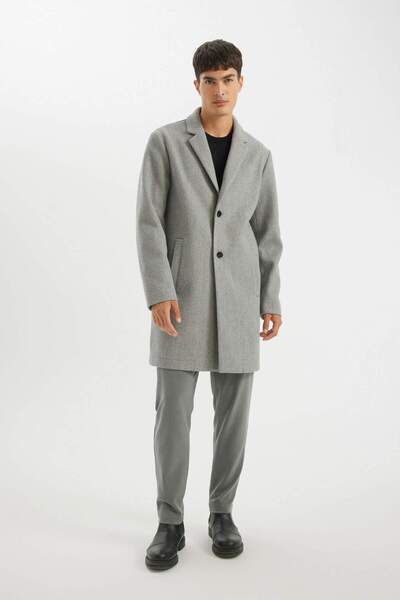 DeFacto Relax Fit Gray Stamp Coat - Buttoned Jacket Collar with Pockets Y8903Az22Wn