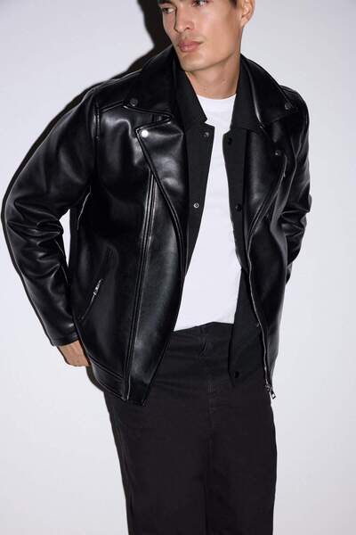 DeFacto Slim Fit Dar Kesim Polo Yaka Astarlı Fermuarlı Suni Deri Mont C5715AX24AU