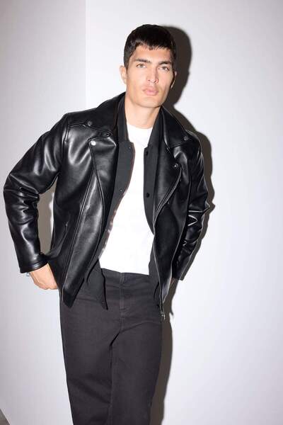 DeFacto Slim Fit Dar Kesim Polo Yaka Astarlı Fermuarlı Suni Deri Mont C5715AX24AU