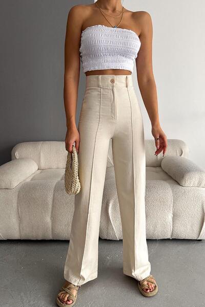 Deafox Cream Colored Striped Fish Back Fabric Trousers