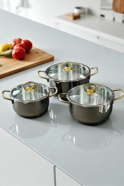 Evse Mutfak Sanatı 3 Lü Çelik Güveç Tencere Seti Gold 14 - 16 - 18 CM