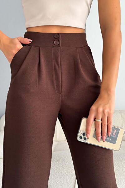 Deafox Hnědé importované krepové kalhoty z lycry s mrkvovým vzorem