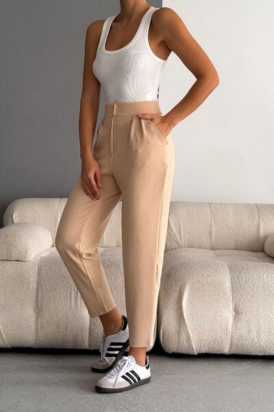 Deafox Beige Imported Crepe Full Lycra Carrot Pants