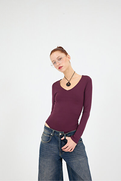 Addax V Neck Long Sleeve Basic Bodysuit Z24-0098-Dk1