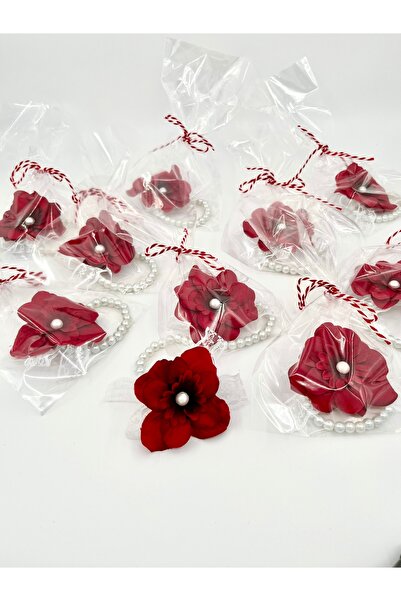 EvremStore Bordo Şebboy Çiçekli Nedime Bilekliği 10'lu Set – Cam İnci ve Dant...
