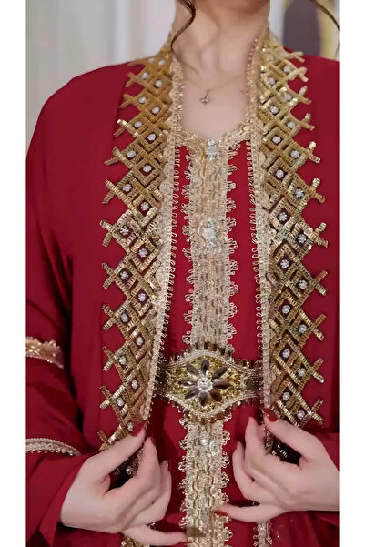 NHMODA Geniş kollu, Altın renk işlemeli,Kemer detaylı,Yöresel kaftan
