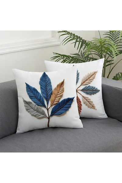 Alkan Homes 2 Li Kombin Nakış Desenli Krem Zemin 3 Boyutlu Dijital Baskılı Kırlent Kılıfı