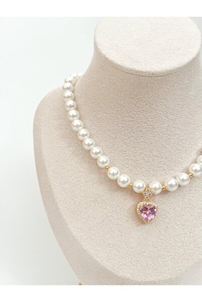 Zey Jewellery Parla Kalp İnci Kolye - Pembe Zirkon Taş