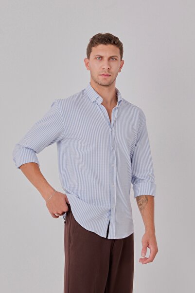 jack carisma MAVİ-BEYAZ- OVERSİZE LİKRALI GOFRE DOKULU ÇİZGİLİ GÖMLEK