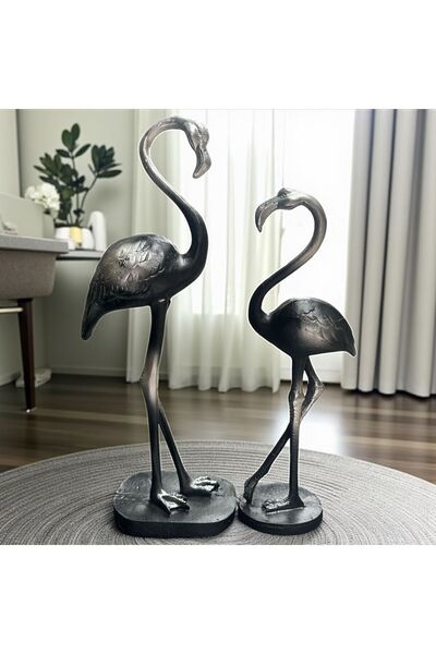 Peramari Dekoratif Polyester İkili Flamingo Set Gümüş-Siyah Eskitme