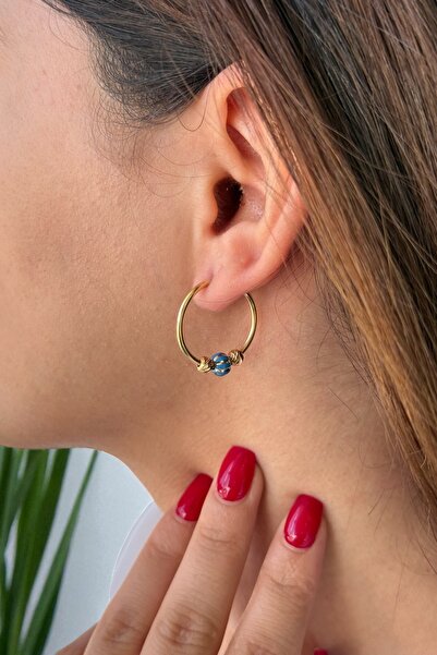 Utku Kuyumculuk 14 Ayar Mavi Mineli Halka Küpe