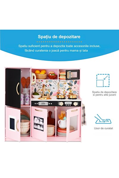 Smart Vibe Set Bucatarie pentru Copii din Lemn Natural, Pink Floral Cuisine