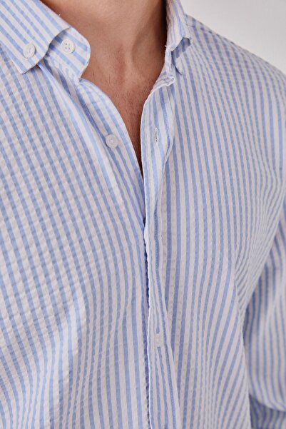 jack carisma MAVİ-BEYAZ- OVERSİZE LİKRALI GOFRE DOKULU ÇİZGİLİ GÖMLEK