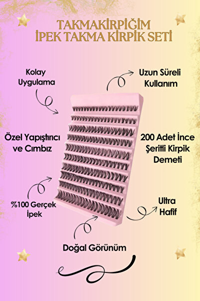 Takmakirpiğim Takma Kirpik Seti Yapıştırıcı, Sabitleyici, Cımbız Ve Kirpik Fırçasıyla 200 Adet Kirpik Tutamı