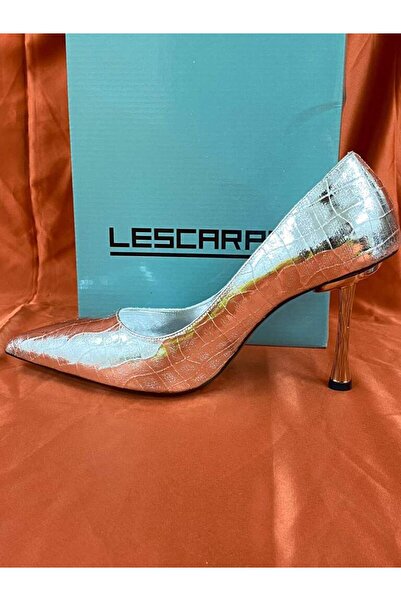 lescarpe LES010 GÜMÜŞ DESENLİ RUGAN SİVRİ BURUN KADIN TOPUKLU AYAKKABI STİLETTO