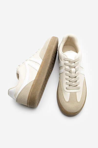 Marjin Kadın Sneaker Bağcıklı Düz Taban Spor Ayakkabı Tiyone Bej